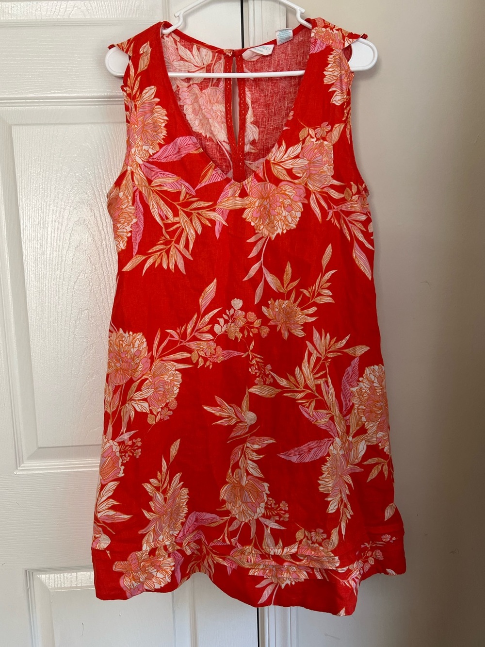 Cynthia Rowley Orange Floral Tropical 100% Linen V-Neck Mini Shift Dress Small